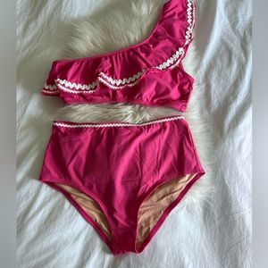 J. Crew Hot Pink One-Shoulder Ruffle Bikini Set